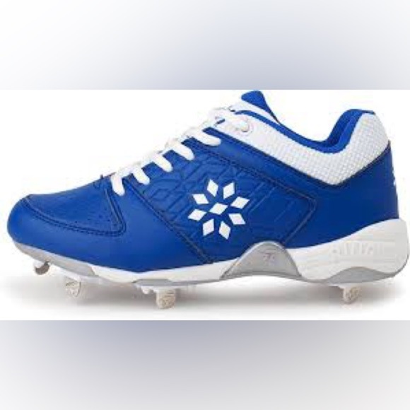 The image shows a RIP-IT Diamond Girls Molded Softball Cleat in White/Royal Blue - Picture 1 of 3